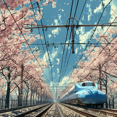 Shinkansen bullet train races through a vibrant Kyoto spring, blossoming cherry trees frame the journey. - obrazy, fototapety, plakaty