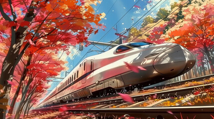 Shinkansen bullet train races through a vibrant Kyoto spring, blossoming cherry trees frame the journey.