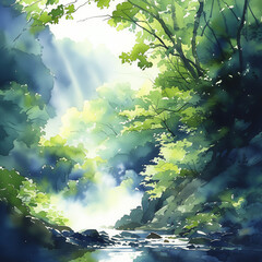 Sunlight Through Forest Watercolor, Vibrant Greenery, River Landscape Scene