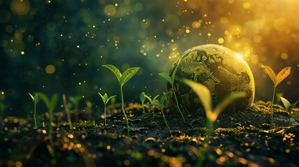 Abstract artwork of a green planet with renewable energy sources sprouting from the ground, showing the growth of sustainable practices - obrazy, fototapety, plakaty