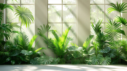 A large green plant with many leaves is in a room with two windows
