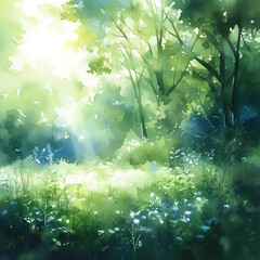 Fototapeta na wymiar Ethereal Forest Watercolor, Sunlit Clearing, Dreamy Nature Scene with Copy Space