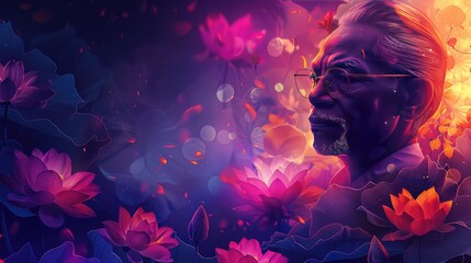 banner background National Ambedkar Jayanti Day theme, and wide copy space, A digital illustration of Dr. Ambedkar surrounded by lotus flowers, symbolizing purity and enlightenment, for banner,  - obrazy, fototapety, plakaty