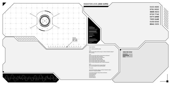 VR HUD futuristic control panel. Technology head up display target and UI screen. GUI Digital virtual reality interface cyberpunk hi tech visor design template. FUI Sci Fi spaceship cockpit dashboard