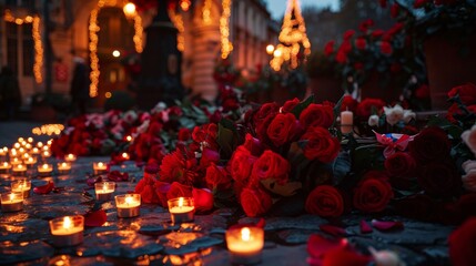 Roses and candles on wet street. Method of honoring the memory of victims of mass disasters