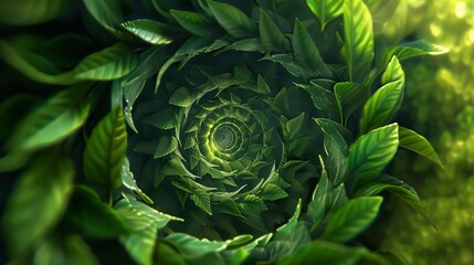 Fototapeta premium Abstract representation of a green mind with leaves swirling in a vortex, symbolizing dynamic thought processes