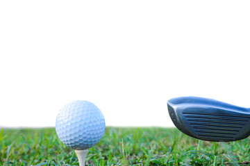 Golf ball stands out on green grass, isolated white background.