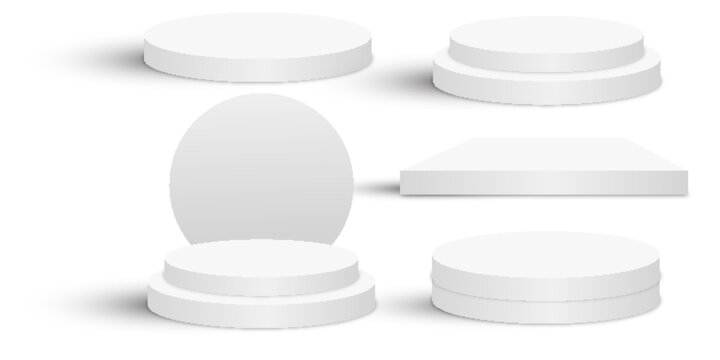 Set of realistic white blank product podium scene isolated on white background