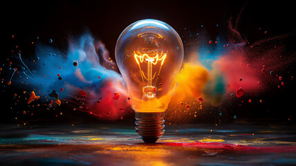 A light bulb is lit up in a colorful explosion of paint - obrazy, fototapety, plakaty