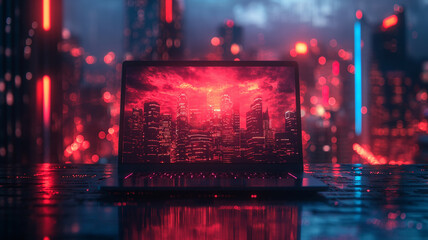 A laptop screen shows a cityscape with a red sky