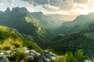 Panoramic Epitome of Natural Majestic: Nyanga Mountain Range Bathed in Gilded Sunlight - obrazy, fototapety, plakaty