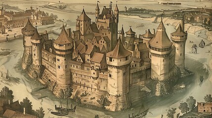 Antique engraving of a medieval castle surrounded by a moat