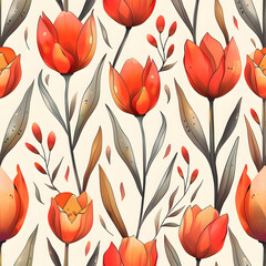 Seamless pattern of tulip flowers on light background. Beautiful floral pattern with watercolor flowers. Art nouveau style. Holiday spring print
