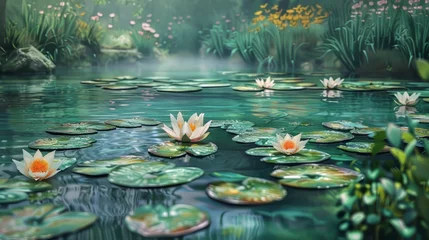 Foto op Canvas Artistic rendering of a tranquil pond surrounded by water lilies © KerXing