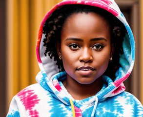Smiling Young Woman in Colorful Hoodie - obrazy, fototapety, plakaty