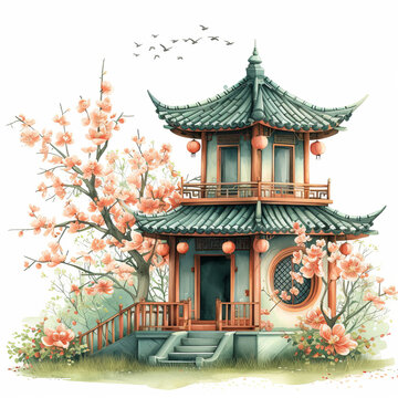 recommend clip art: Cute watercolor pagoda house on white background, spring flowers