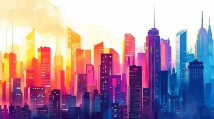 Bold and colorful illustration of a vibrant city skyline