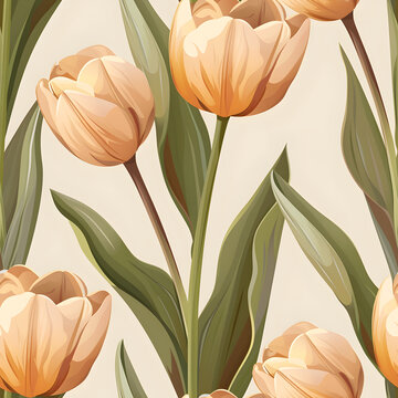 Seamless pattern of tulip flowers on light background. Beautiful floral pattern with watercolor flowers. Art nouveau style. Holiday spring print