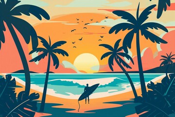 Fototapeta na wymiar Tropical Beach Sunset with Surfer Silhouette and Palm Trees Vector Illustration