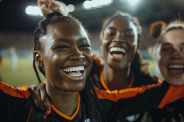 Joyful Black Female Soccer Team Celebrating Victory on Floodlit Field