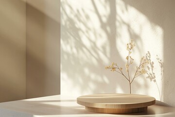 Minimalist Design in a Serene Setting: Wooden Table With Dainty Flower And Shadows