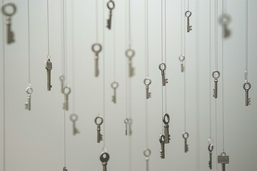 Numerous Suspended Keys Floating Against a White Background, Artistic Security Concept