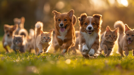 A group of dogs and cats running together in a field - obrazy, fototapety, plakaty