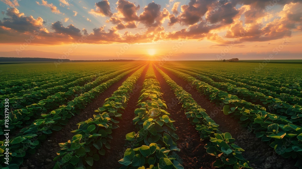 Wall mural Golden Hour Glow: Majestic Bean Field Sunset, generative ai