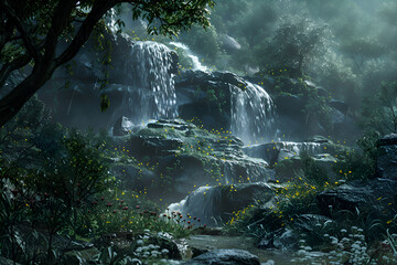 A forest with a waterfall and a stream. The water is flowing down the rocks and the trees are lush and green. Generative AI