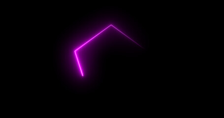 Traceable neon light moving on border of a pentagon. Glowing pentagon noen stripes frame seamless animation disco party night club sign. Neon diamond retro style fluorescent tube laser light.