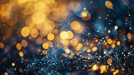 Golden light shine particles bokeh on navy blue background. Holiday. Abstract background with Dark blue and gold particle, shine, bright, sparkle, magical, glittering, texture, effect, space - obrazy, fototapety, plakaty