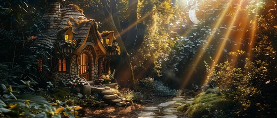 Magical Fairy Homes, Whimsical Gardens, Forest Hideaway, Moonlit Night, Realistic Photography, Ethereal Backlighting, Dreamy Lens Flare, Tracking shot view