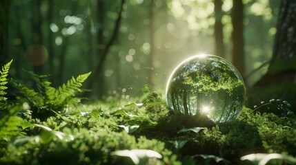 Environment Concept, ball is surrounded by green grass and trees, creating a peaceful and serene atmosphere. The sunlight is shining on the ball - obrazy, fototapety, plakaty