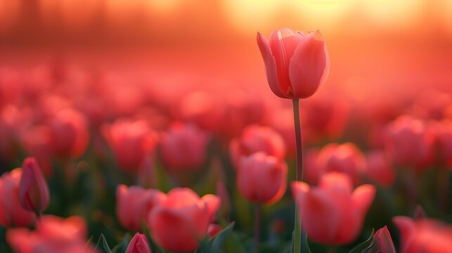 Golden Sunset Beauty: Vibrant Tulip Field, generative ai