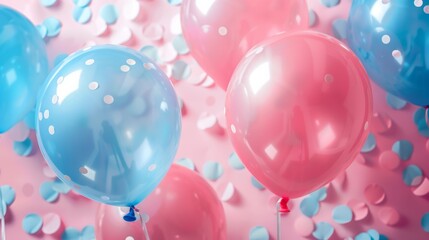 Celebrate, balloons and confetti background with copy space for festive gender reveal party, decor, balloon, birthday, fun, holiday, surprise, festive, happy