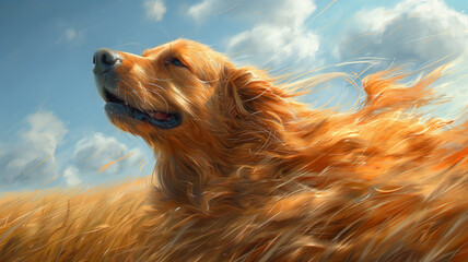 A dog with a long, flowing mane is running through a field of tall grass