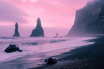 A rocky beach with mountains under a violet sky at sunset by the ocean