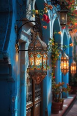 Fototapeta na wymiar Decorative Arabic lanterns with burning candle hanging in the city . Holiday card, invitation to the Eid al-Adha, the holy holiday for Muslims