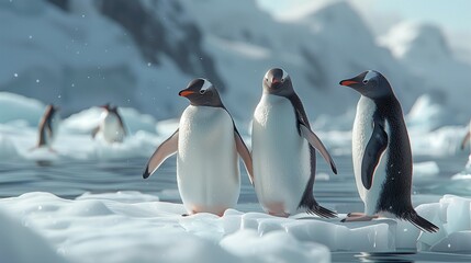 Fototapeta premium Chilly Penguins on a Sunny Ice Floe, generative ai