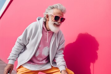 "The Pink Perspective" - A vibrant composition that highlights the joyful defiance of age stereotypes, featuring a senior man against a playful pink backdrop