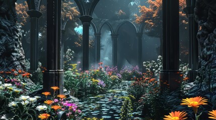 Digital artwork of a fantasy garden with mythical flowers