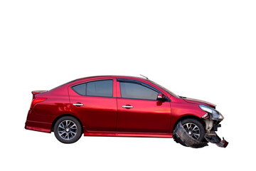Car crash, Full body side view of red car get damaged by accident on the road. damaged cars after...