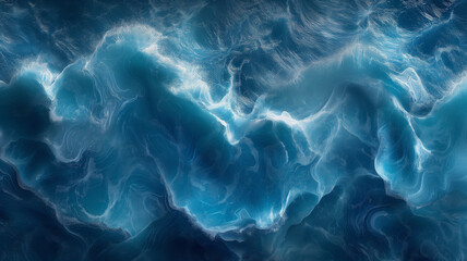 The image is of a large wave in the ocean, with a blue and white color scheme - obrazy, fototapety, plakaty