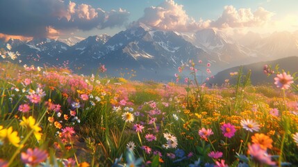 New Beginnings: Soft Glow on a Riot of Mountain Wildflowers, generative ai