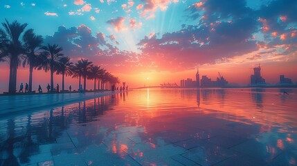 Capturing the City's Lifestyle: Abu Dhabi Corniche Panorama, generative ai - obrazy, fototapety, plakaty