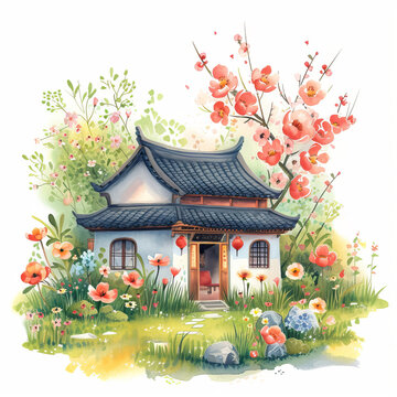 recommend clip art: Cute watercolor pagoda house on white background, spring flowers