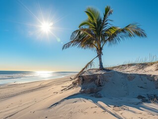 Palm tree, sand, sunny weather, beach erosion, photography, golden hour, lens flare, Tracking shot view