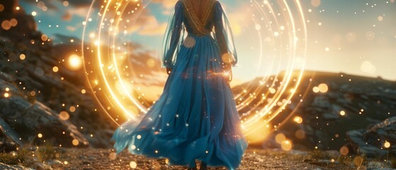 Parallel Portal, Blue Gown, Enigmatic explorer, Standing at the threshold of parallel universes, shimmering, Realistic, Golden hour, Vignette, Closeup shot