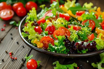 Colorful salad with cherry tomatoes, lettuce and cheese on a wooden table close up. Ai generated