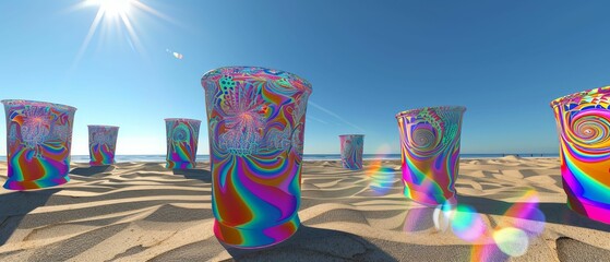 Patternchanging cups, Summer, Vibrant colors swirling, Placed on a sandy beach, Clear skies, 3D render, Backlights, Chromatic Aberration, Panoramic view